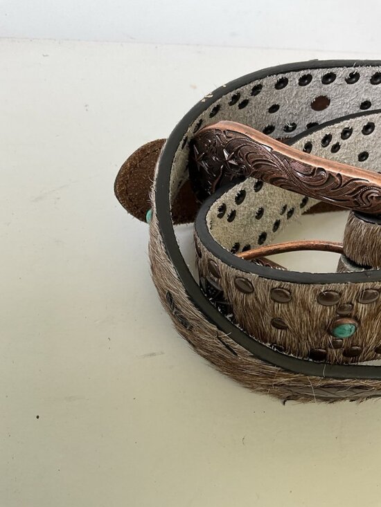 Western Leather Hair On Cowhide Belt Turquoise Stone Copper Buckle Tooled Tip 36 main image 6
